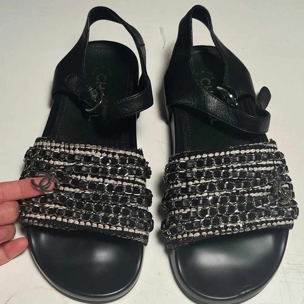CHANEL Women's Black and White Embellished Sandals